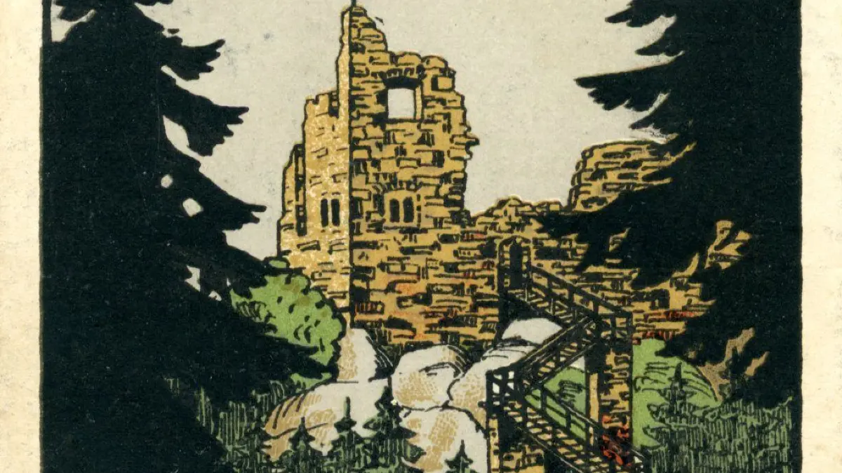 Postkarte der Burgruine Falkenstein mit der Brücke zwischen Ober- und Unterburg aus den 1920er-Jahren
