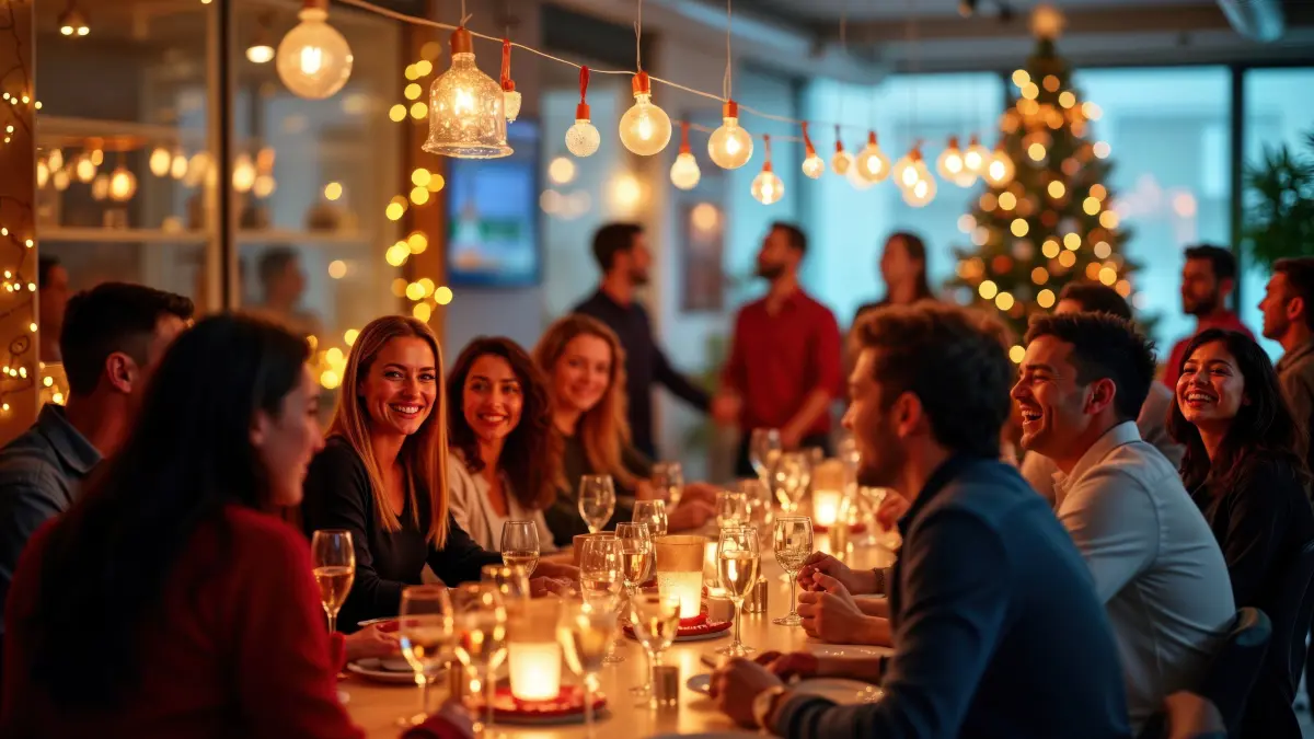 Mitarbeitende freuen sich über eine schöne Weihnachtsfeier am Jahresende.