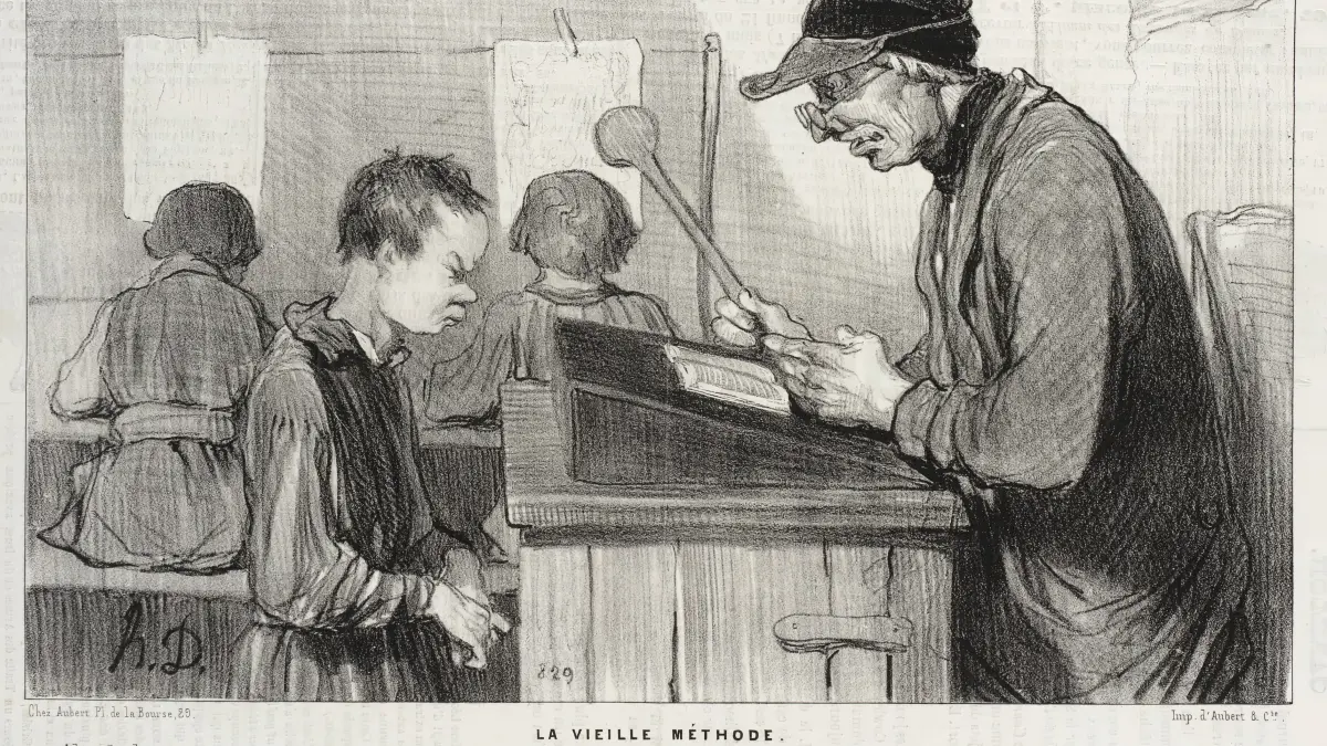 Auch Friedrich Merz bekam sie noch zu spüren - die Prügelstrafe für unartige Pennäler (französische Karikatur von 1845).