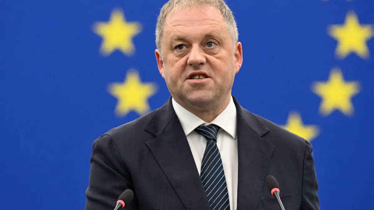 FRANCE-EU-POLITICS-DIPLOMACY: Minister of State for European Affaires and defence Thomas Byrne addresses members of the European Parliament during a plenary session in Strasbourg on October 6, 2026. (Photo by Jean-Christophe VERHAEGEN / AFP)