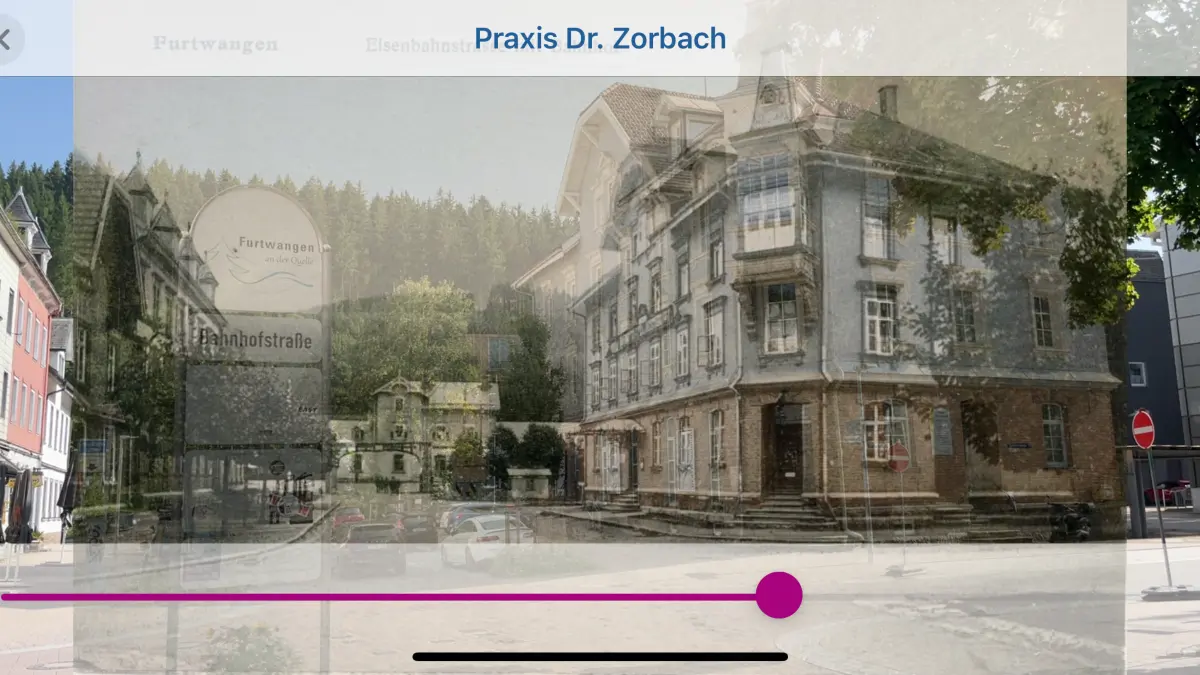 Das Gebäude, in dem die Praxis Zorbach untergebracht war, heute und damals – mithilfe der App "Future History" lassen sich die beiden Bilder digital überlagern.
