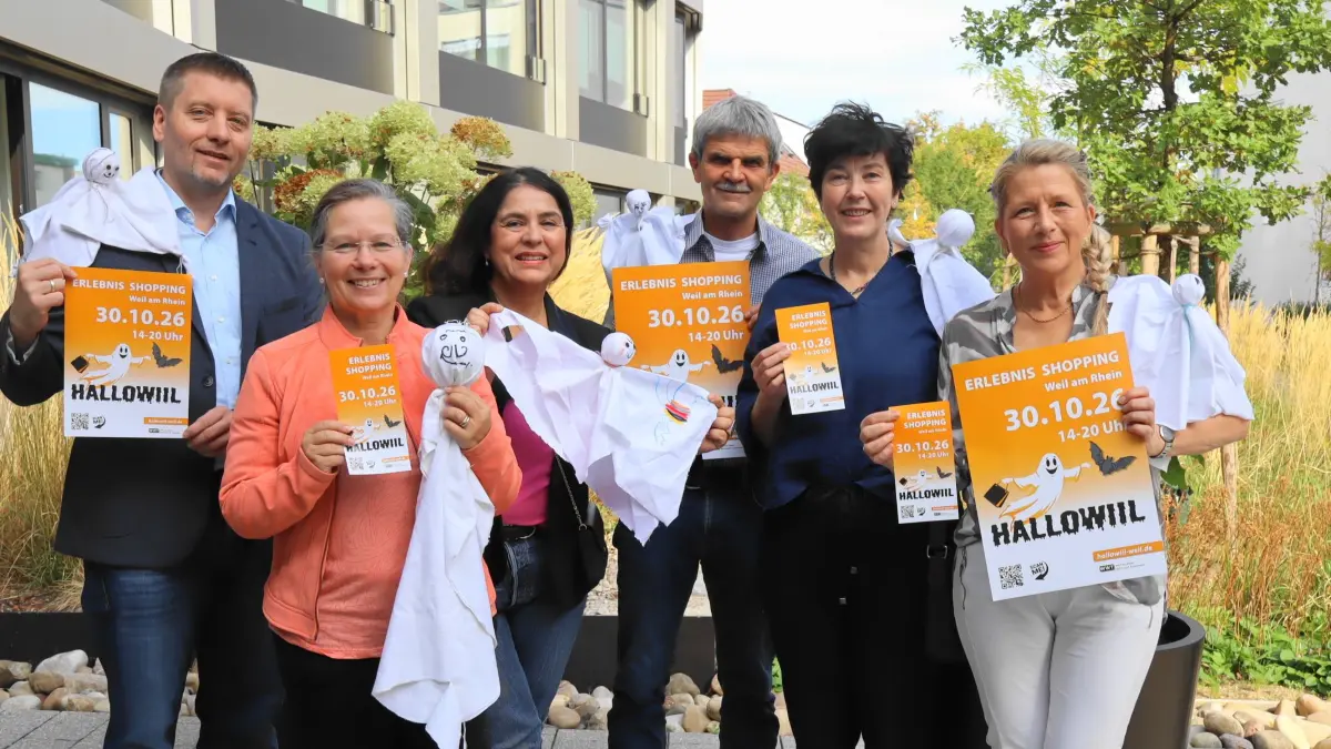 Erlebnis-Shoppen beim Hallowiil: Das Team von Hallowiil mit WWT und Weiler Einzelhändlern, Danny Neumann (von links), Diana Stöcker, Alev Kahraman, Peter Krause, Katrin Kumar und Daniela Heim.