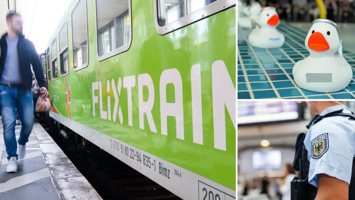 Die Bundespolizei kontrolliert einen ankommenden Flixtrain im Stuttgarter Bahnhof. Der Grund: Unbekannte verteilten Qietsche-Eentchen mit weißem Pulver.