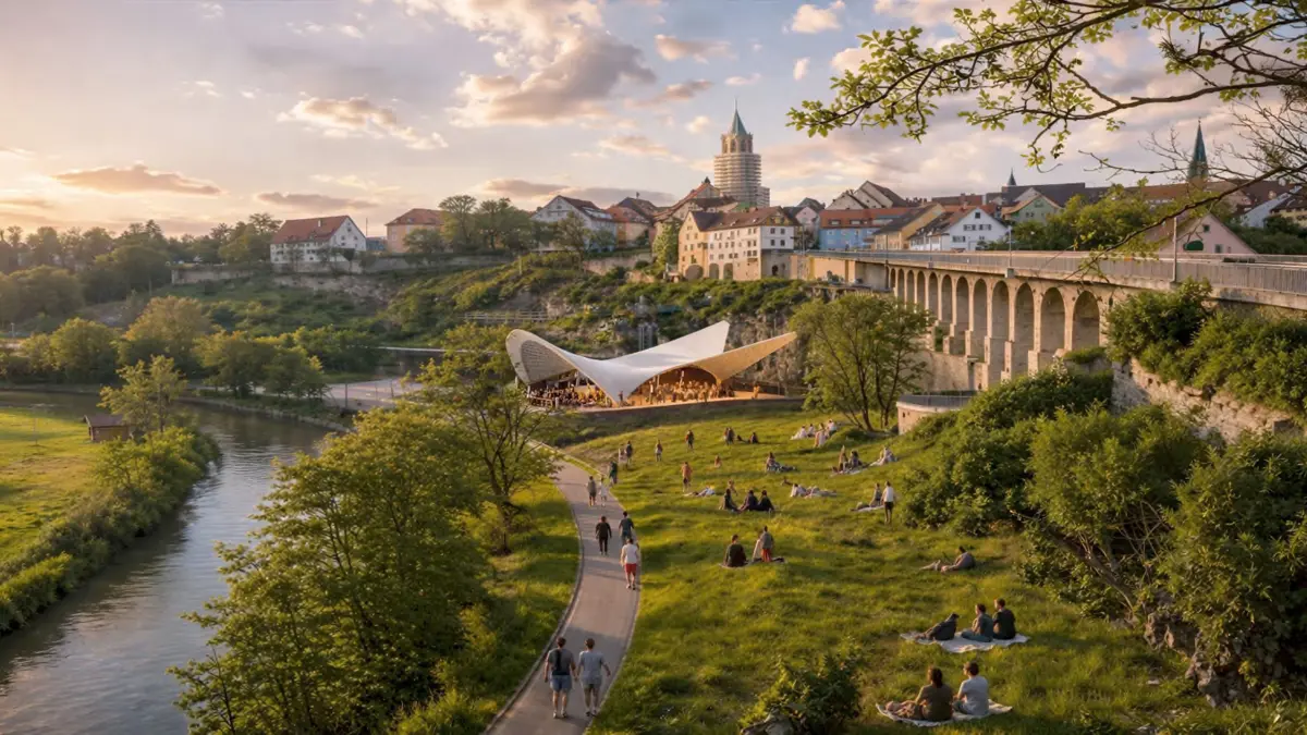 Der Pavillon überdacht die Fläche des ehemaligen Gaswerks und soll als zentraler Platz während und nach der Landesgartenschau intensiv genutzt werden.