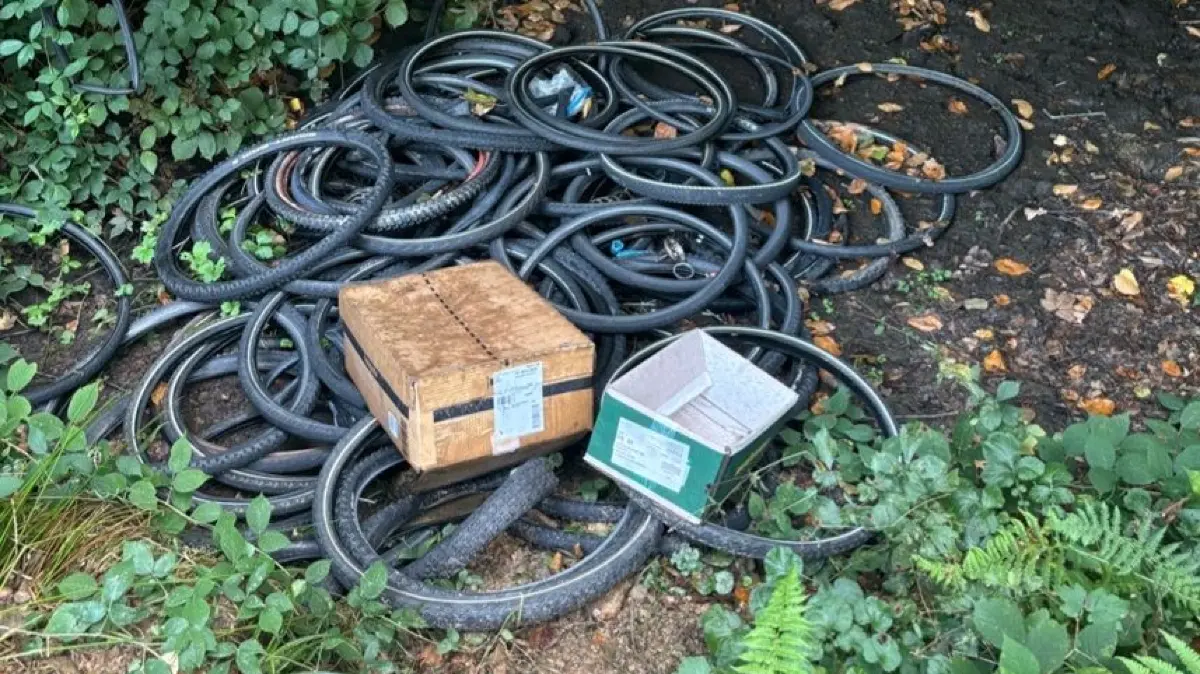 Eine Spaziergängerin hat alte Fahrradreifen im Wald gefunden.