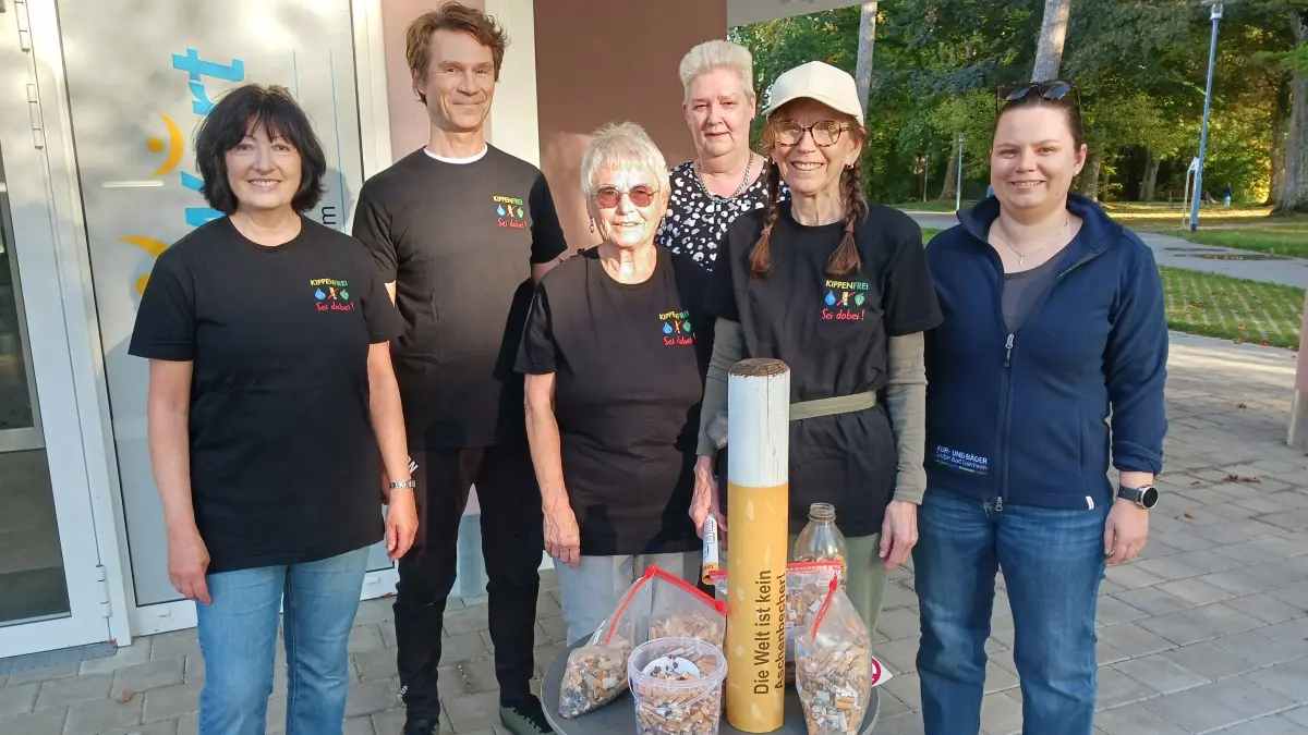 Einige der Akteure von Kippenfrei – Sei dabei (von link)s: Angelika Strittmatter (Generationentreff), Andreas Lauer, Ulrika Bames, Carmen Trautmann, Ingrid Huppert (alle Initiative Kippenfrei) und Sarah Hildebrand (Kur- und Bäder).