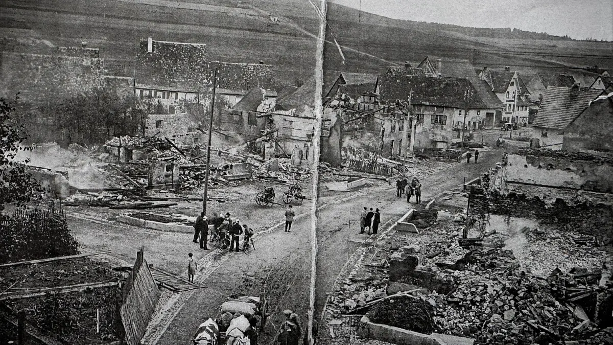 Das Dorf Riedöschingen nach dem verheerenden Großfeuer, von dem elf Gebäude des Ortes betroffen waren. (Archivbild)