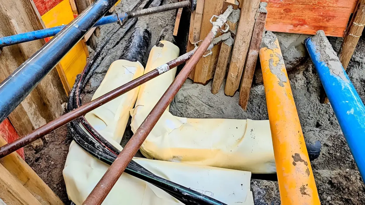 Ein Blick in die Straße: Die dicken mit Schutzstoff ummantelten Rohre tragen die Fernwärmeleitung in sich. Daneben liegen Wasser, Gas und Strom.