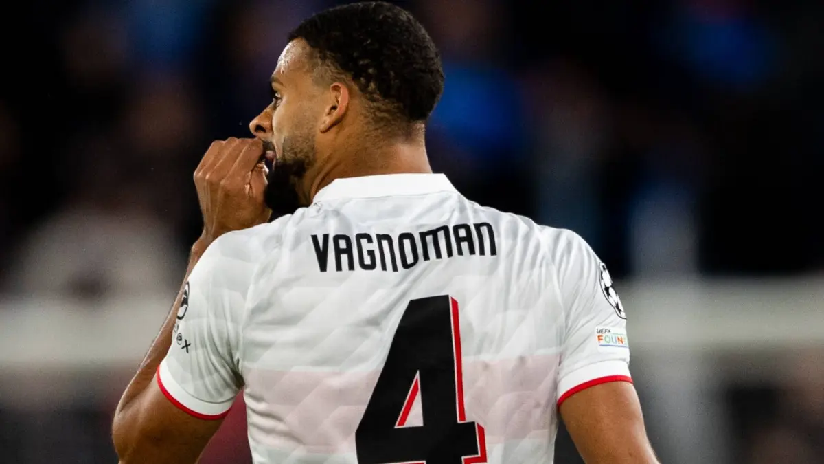 ŠK Slovan Bratislava vs. VfB Stuttgart: 14.10.2026: Champions League, 2. Spieltag, Å K Slovan Bratislava vs. VfB Stuttgart im Å tadion Tehelnà pole/Narodný futbalový Åtadion Josha Vagnoman VfB close von hinten mit der 4 WICHTIGER HINWEIS: Gemäß den Vorgaben des DFB und der DFL ist es untersagt, in dem Stadion und/oder vom Spiel angefertigte Fotoaufnahmen in Form von Sequenzbildern und/oder videoähnlichen Fotostrecken zu verwerten bzw. verwerten zu lassen. *** October 14, 2026, Champions League, Matchday 2, Slovan Bratislava vs. VfB Stuttgart at Tehelné Pole Stadium Josha Vagnoman National Football Stadium VfB close-up from behind with the number 4 IMPORTANT NOTICE: In accordance with DFB and DFL regulations, it is prohibited to use or allow the use of photographs taken in the stadium and/or during the game in the form of sequential images and/or video-like photo series Copyright: xJordyxFourgonx