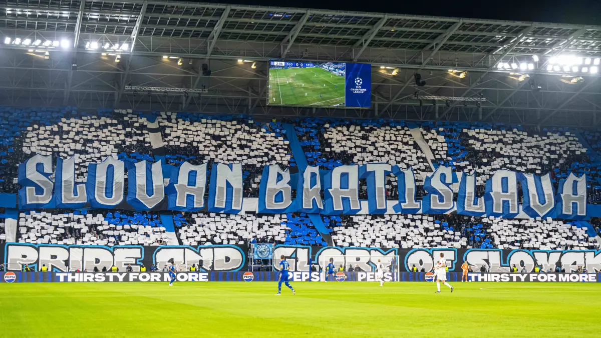 SK Slovan Bratislava fans choreo during UEFA Champions league match , SK Slovan Bratislava - VFB Stuttgart , 14. october: SK Slovan Bratislava fans choreo during UEFA Champions league match , SK Slovan Bratislava - VFB Stuttgart , 14. october 2026, Tehelne pole Stadium, Bratislava, Slovakia Copyright: xMICHALxFAJT,ZOSPORTU.SKx MAR_6783