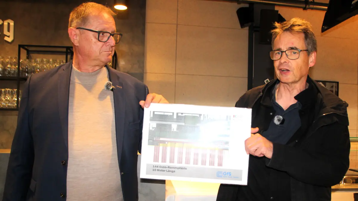 Architekt Uwe Schlenker (rechts) und Oberbürgermeister Jürgen Roth erläuterten während der Bauphase die Pläne.