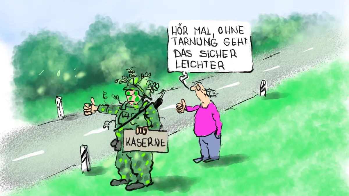 Bei Baiersbronn üben Bundeswehrsoldaten, wie man sich unentdeckt zum heimischen Stützpunkt zurück durchschlagen kann. Trampen ist da zwar eine bewährte Methode. Aber wegen ihrer Tarnung werden die Soldaten oft mit einem Gebüsch verwechselt. Und auch die Ausbilder sehen das nicht so gern.