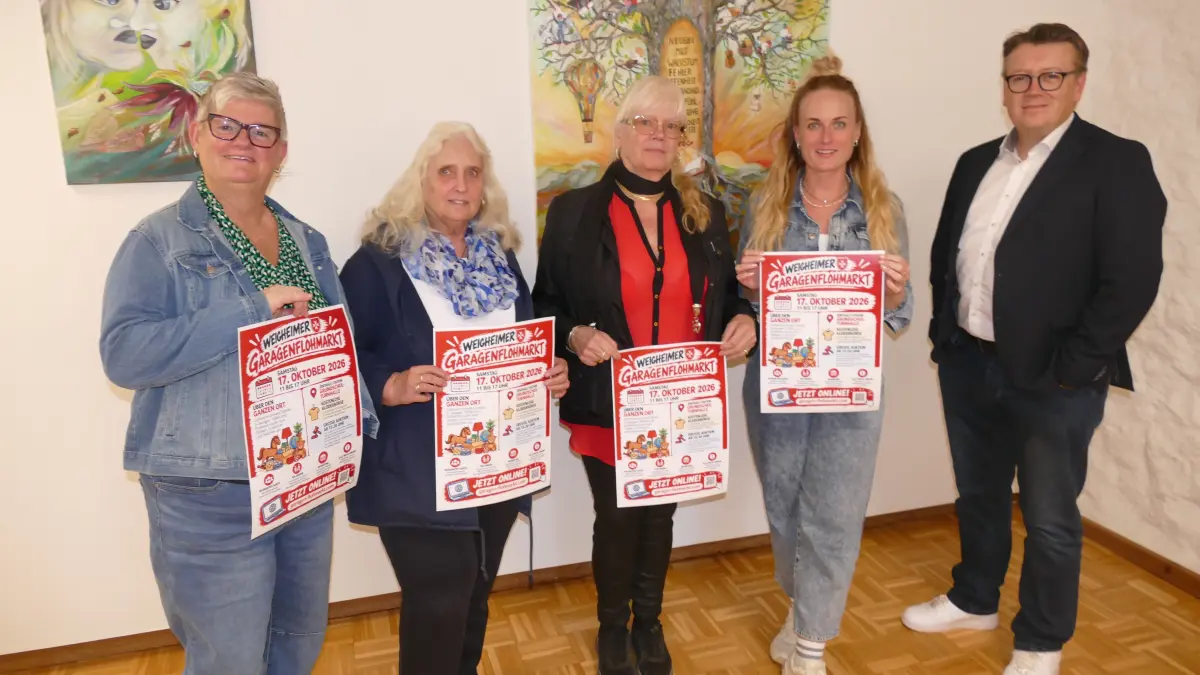 Das Orgateam (von links) mit Angelika Klapper, Ingrid Becker, Monika Kähler, Mira Haase-Rombach und Ortsvorsteher Holger Fetzer lädt zum zweiten Garagenflohmarkt nach Weigheim ein.