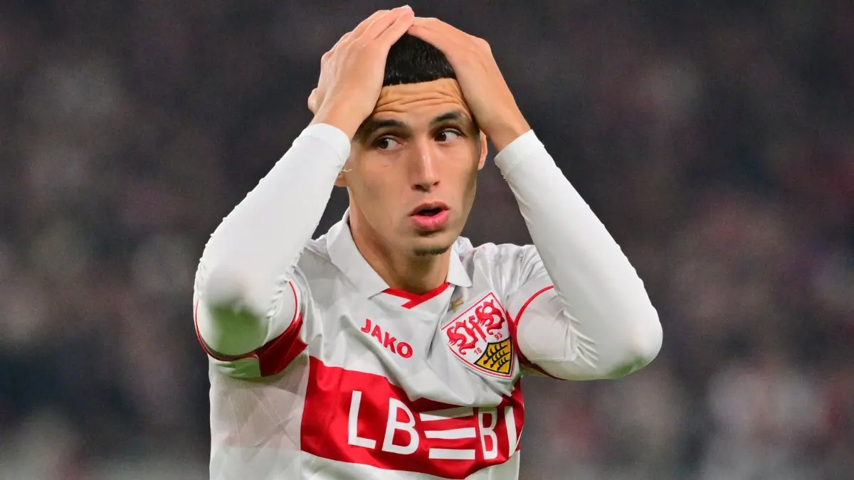 VfB Stuttgart - Atlético Madrid: 20.10.2026, Baden-Württemberg, Stuttgart: Fußball, Männer: Champions League, VfB Stuttgart - Atlético Madrid, Vorrunde, 3. Spieltag in der MHPArena: Bilal El Khannouss (VfB Stuttgart) reagiert nach einer Torchance. Foto: Jan-Philipp Strobel/dpa +++ dpa-Bildfunk +++