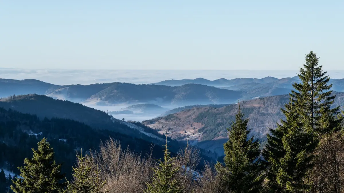 Wetter in Baden-Württemberg: ARCHIV - 26.12.2025, Baden-Württemberg, Feldberg: Die Berge und Täler sind im Morgenlicht vom Feldberg im Schwarzwald aus zu sehen. (zu dpa: «Wo diese Woche die ersten Schneeflocken fallen») Foto: Silas Stein/dpa +++ dpa-Bildfunk +++
