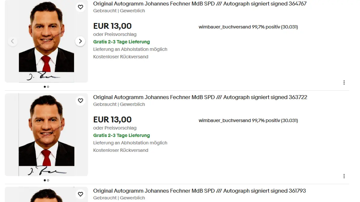 13 Euro für ein Autogramm von Johannes Fechner: Dieses Angebot findet sich auf Ebay.