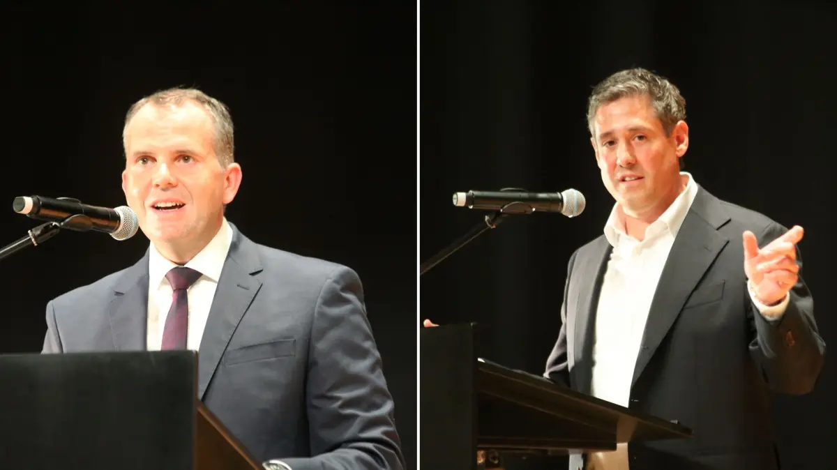 Alexander Ruchti (links) und Dominik Eble duellieren sich in der Stichwahl um den Chefsessel im Ettenheimer Rathaus.