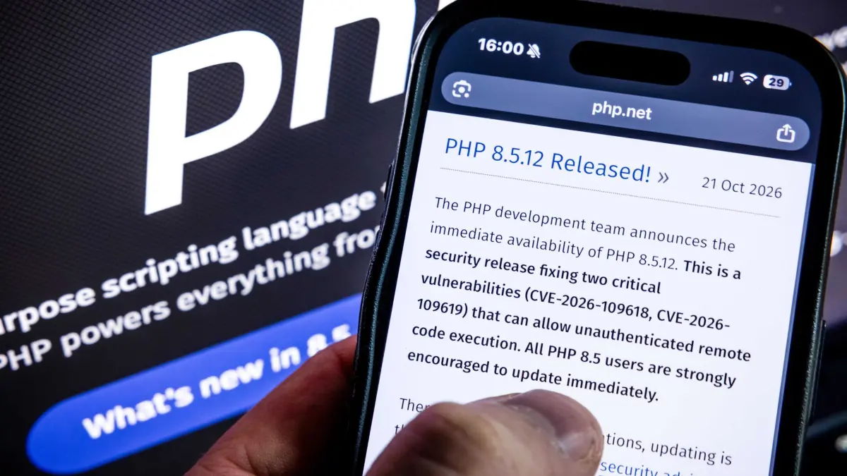 Gravierende Sicherheitslücke bedroht Millionen Webseiten: Die Website der PHP Foundation mit einem Update auf die neueste PHP-Version. Eine neu entdeckte, schwerwiegende Sicherheitslücke bringt weltweit das Fundament zahlreicher Webseiten und Onlinedienste ins Wanken. Betroffen ist die weit verbreitete Programmiersprache PHP, auf der ein Großteil des gesamten Internets basiert. (zu dpa: ««Millionen» Hacker-Versuche: Viele Webseiten noch offline»)