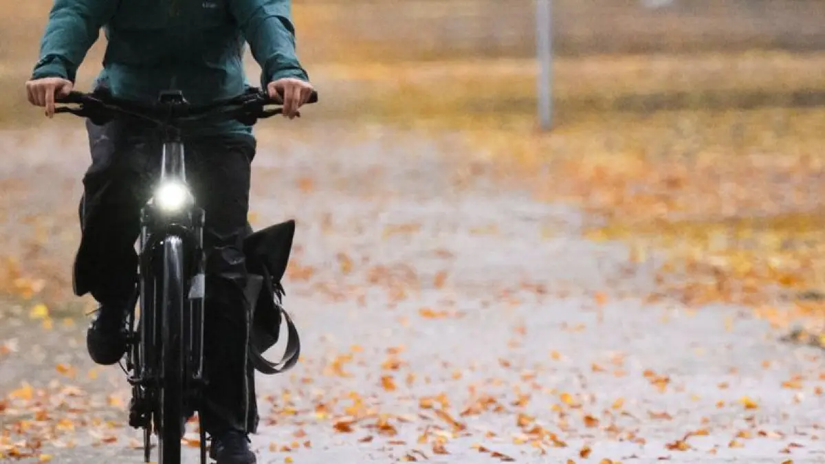 Radfahrerin fährt durch eine herbstlich verfärbte Allee: Damit die Radtour nicht zur Rutschpartie wird, sollte man bei Nässe und Laub langsam und defensiv fahren. (zu dpa: «So kommen Sie mit dem Fahrrad sicher durch den Herbst»)