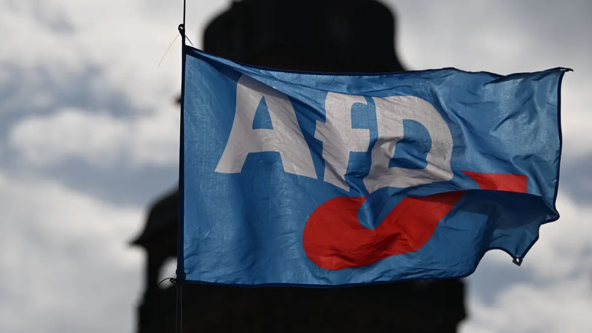 AfD-Fahne: Eine Fahne der AfD weht auf dem Marktplatz in Zeitz. (zu dpa: «Philip Steinbeck wehrt sich gegen Rauswurf aus AfD»)