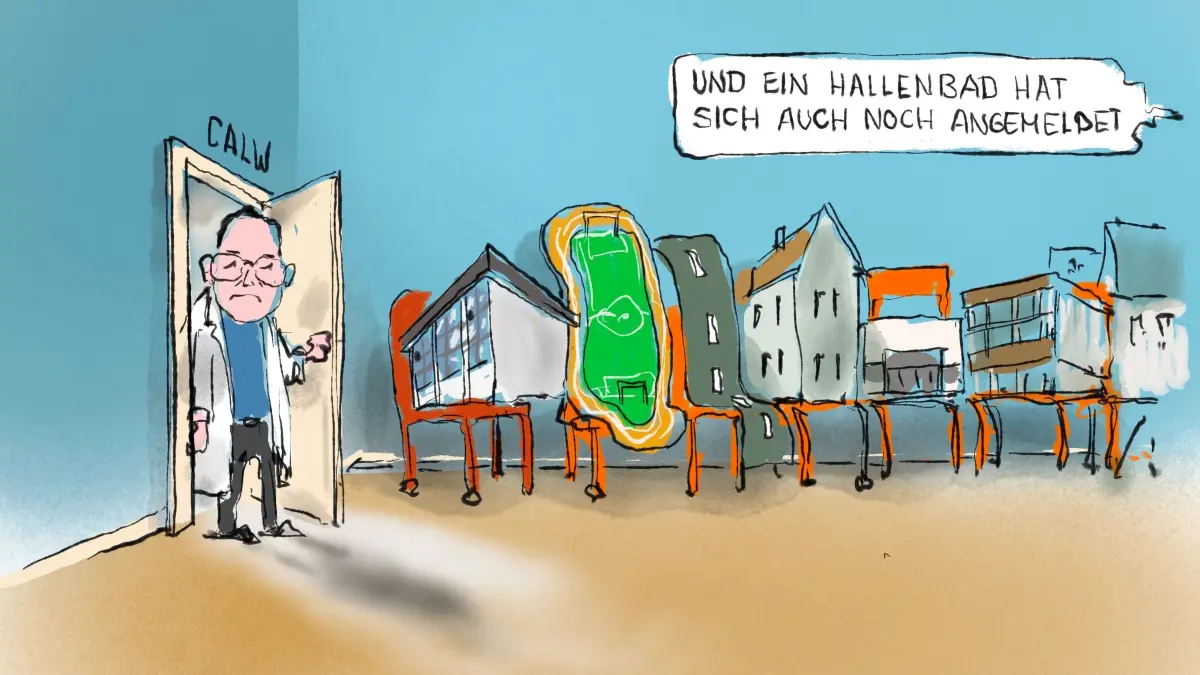 Im Calwer Stadt-Wartezimmer von Dr. Kling stauen sich die sanierungsbedürftigen Gebäude, Straßen und andere Baulichkeiten. Wer drankommen will, muss Zeit mitbringen. Aktuell ist nicht daran zu denken, nun auch noch Geburtshilfe für ein neues Hallenbad zu leisten.