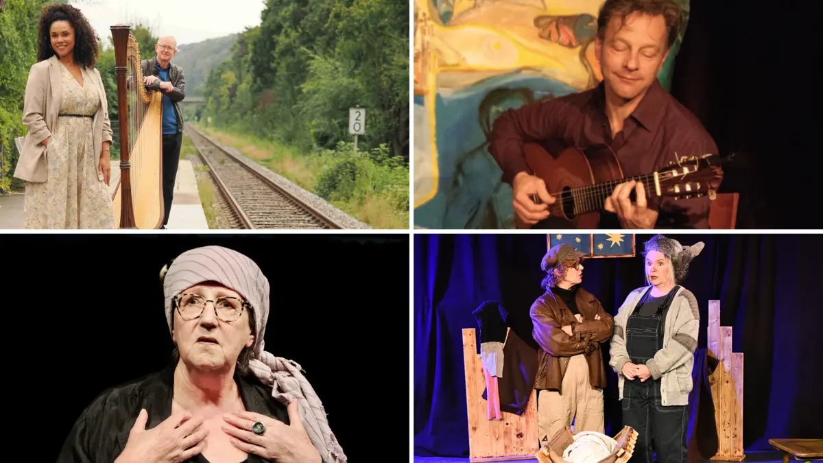 Von Harfenklängen bis zur turbulenten Weihnachtskomödie: Das Theater Hammerschmiede bietet in den kommenden Monaten ein vielfältiges Programm. Oben links Hans Förster (Harfe) und Kim Pauer (Gesang), die am 7. November auftreten, daneben Gitarrist Oliver Jaeger (15. November). Unten links Marianne Seidel im Stück „Käse. Kotze. Kunstblutbeutel.“, rechts Angela von Gündell und Sabine Niethammer als Ochse und Esel in der gleichnamigen Weihnachtskomödie.